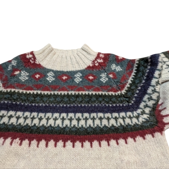 Moda International Mock Neck Fair Isle Tunic Sweater Small Cream Oatmeal Red - Picture 4 of 7